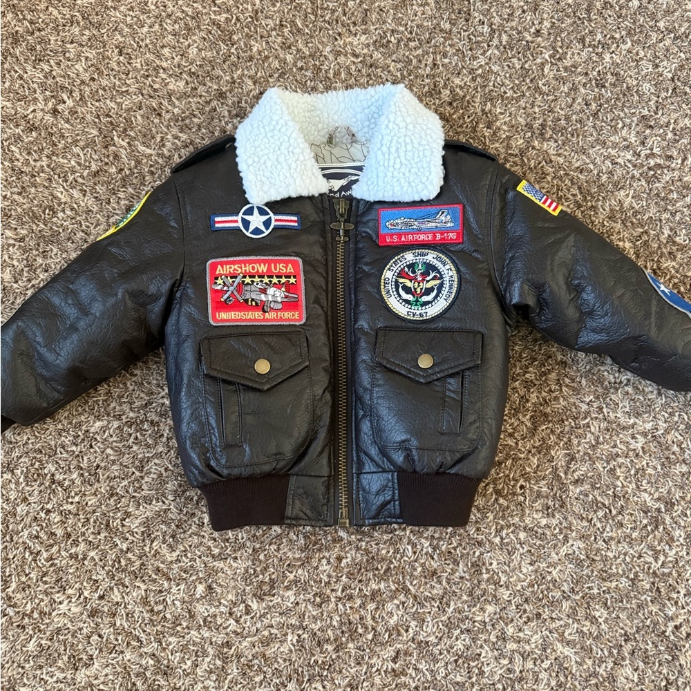 Kids Black Faux Leather Aviator Jacket with Sherpa Collar